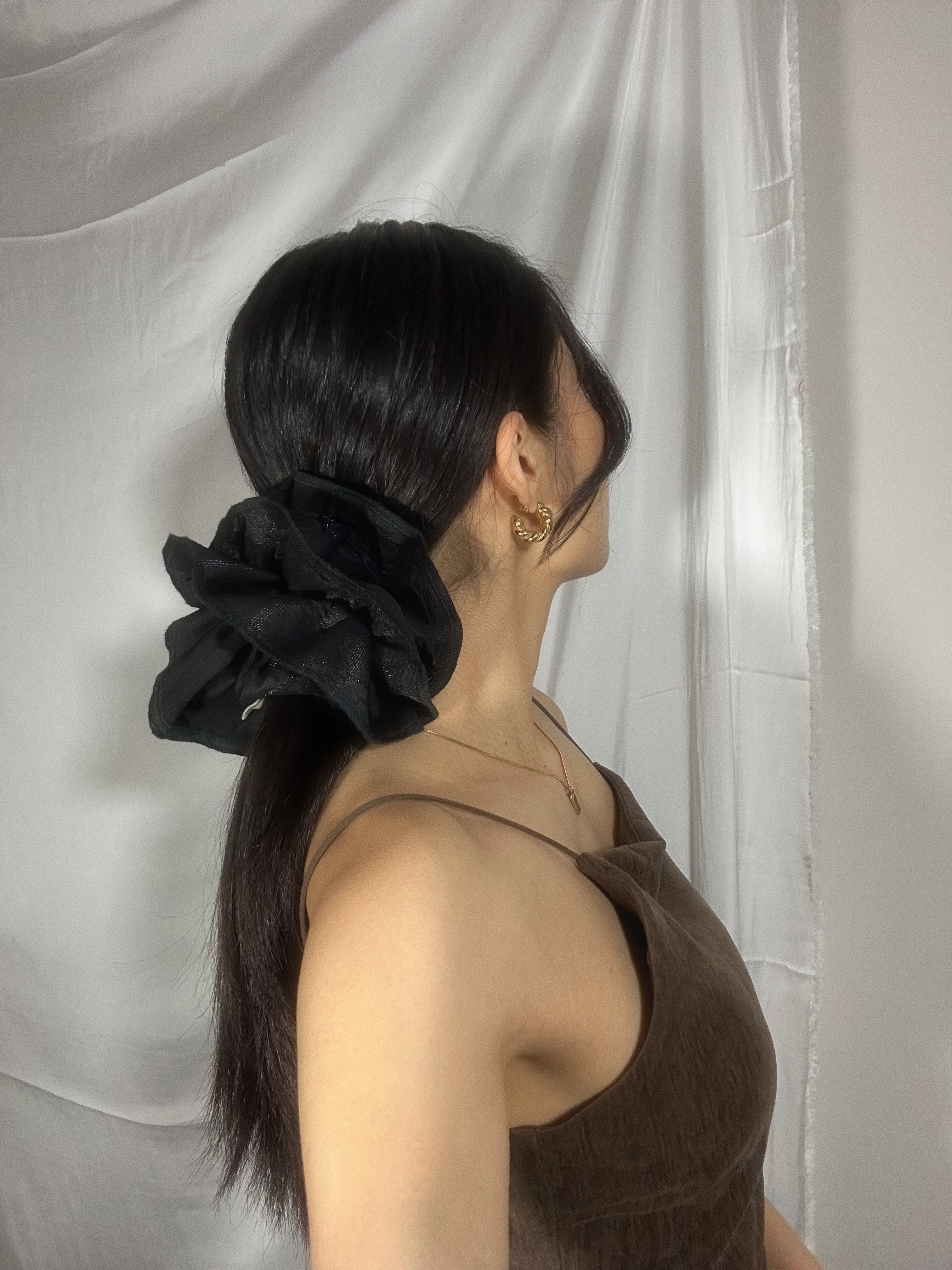 Large Noir Bloom Scrunchie - Upcycled Valentine's Hair Accessory