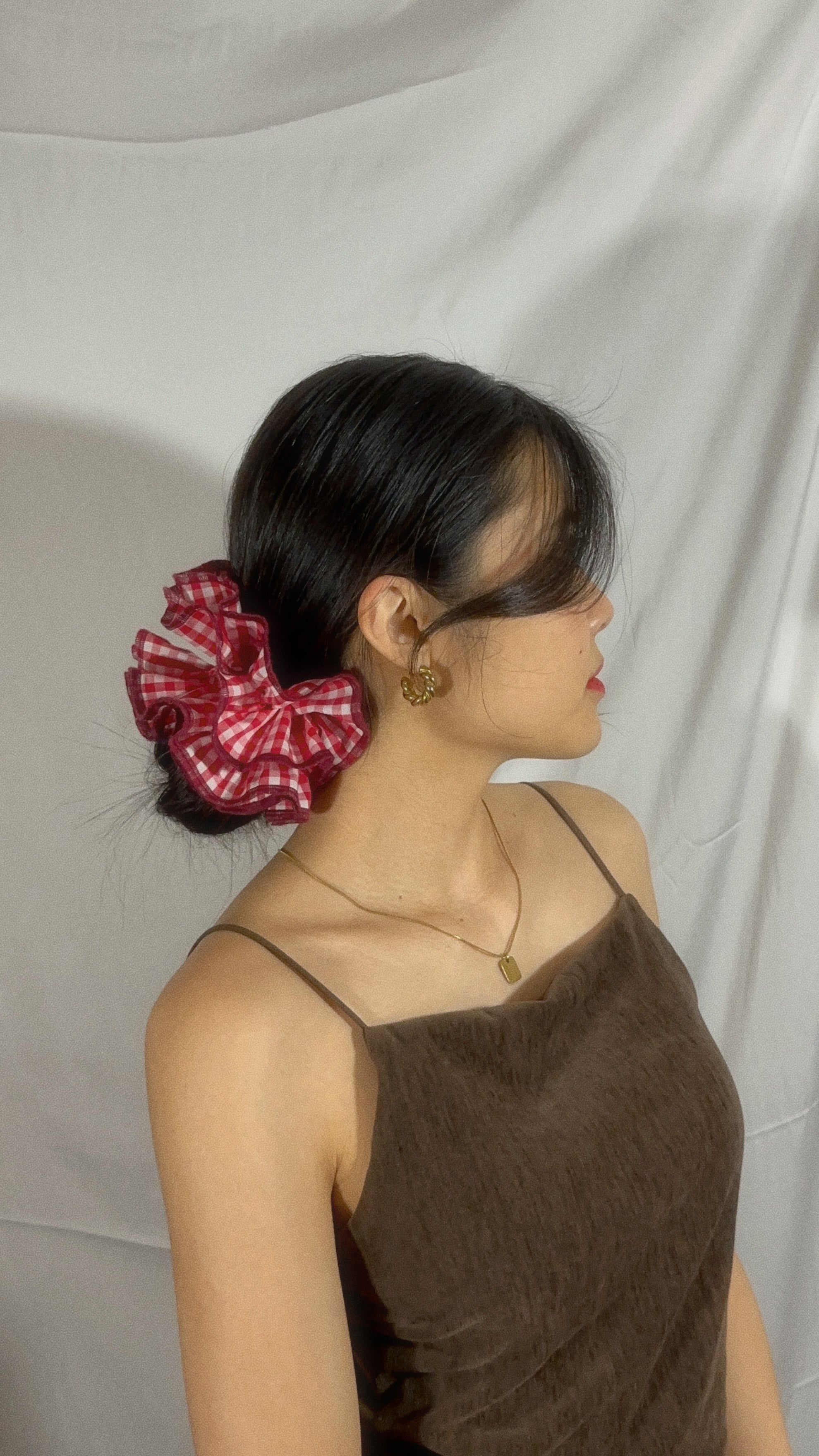 Large Sweetheart Gingham Scrunchie - Upcycled Valentine's Hair Accessory